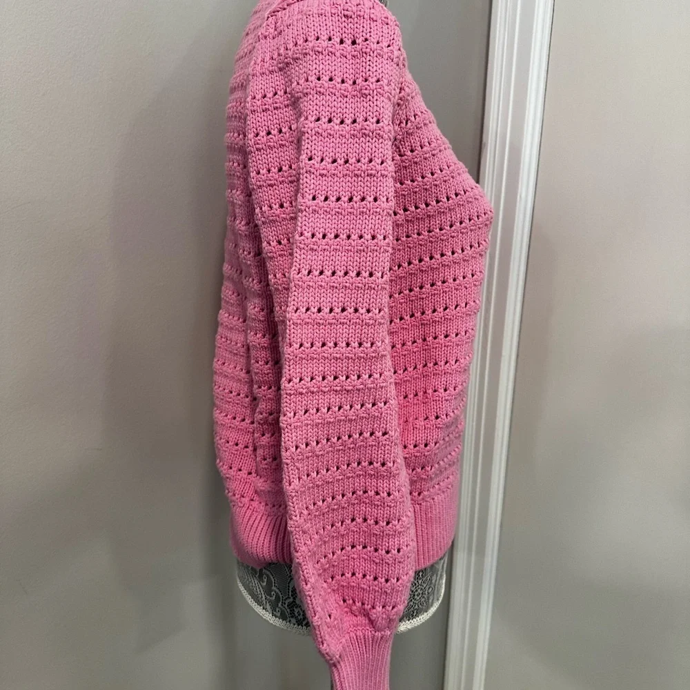 J.Crew Size S Balloon Sleeve Pointelle crochet Sweater Baby Pink Cotton Blend.
